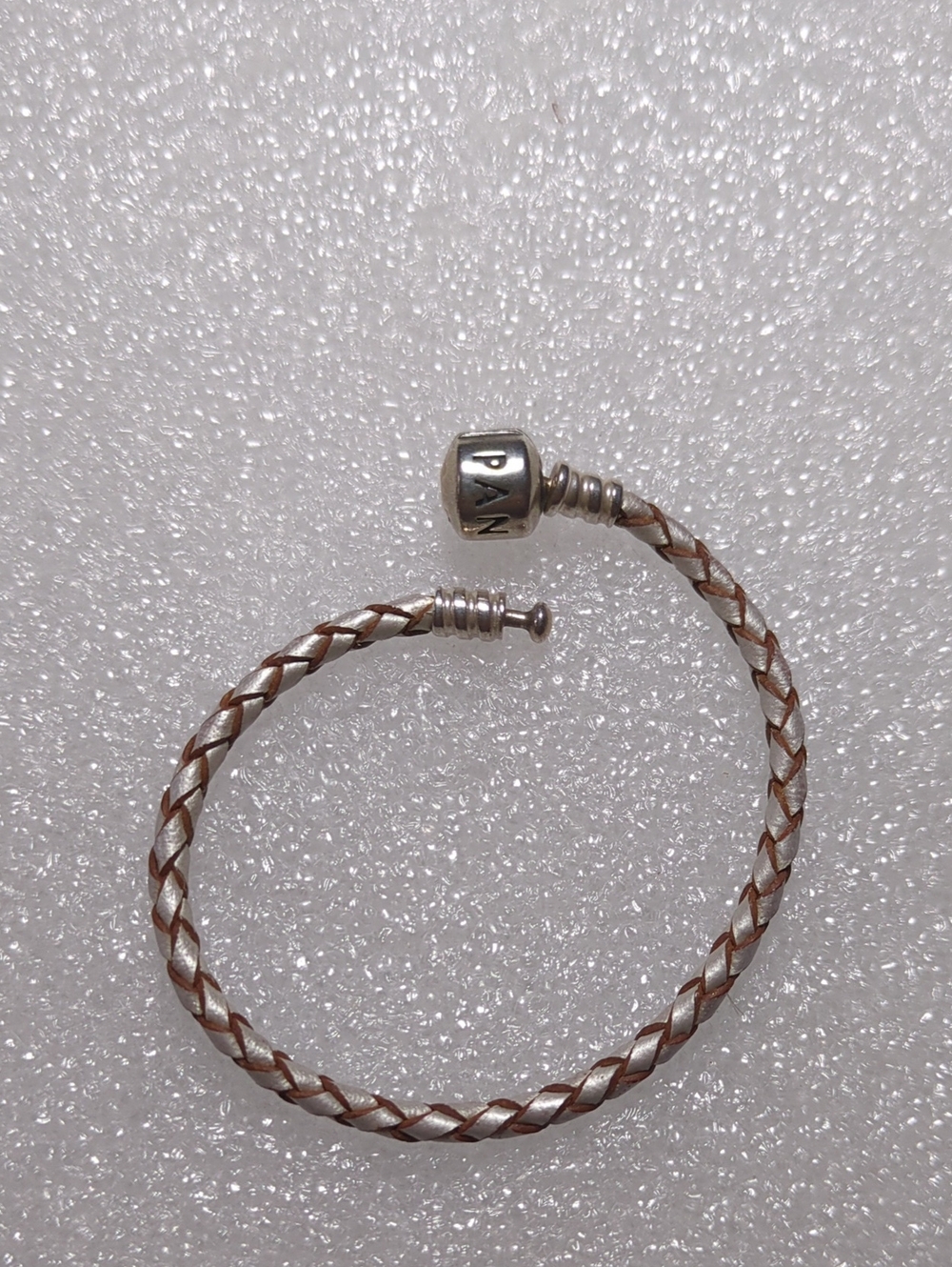 Pandora Braided Two-Tone Leather Bracelet 6.5" with Silver Clasp